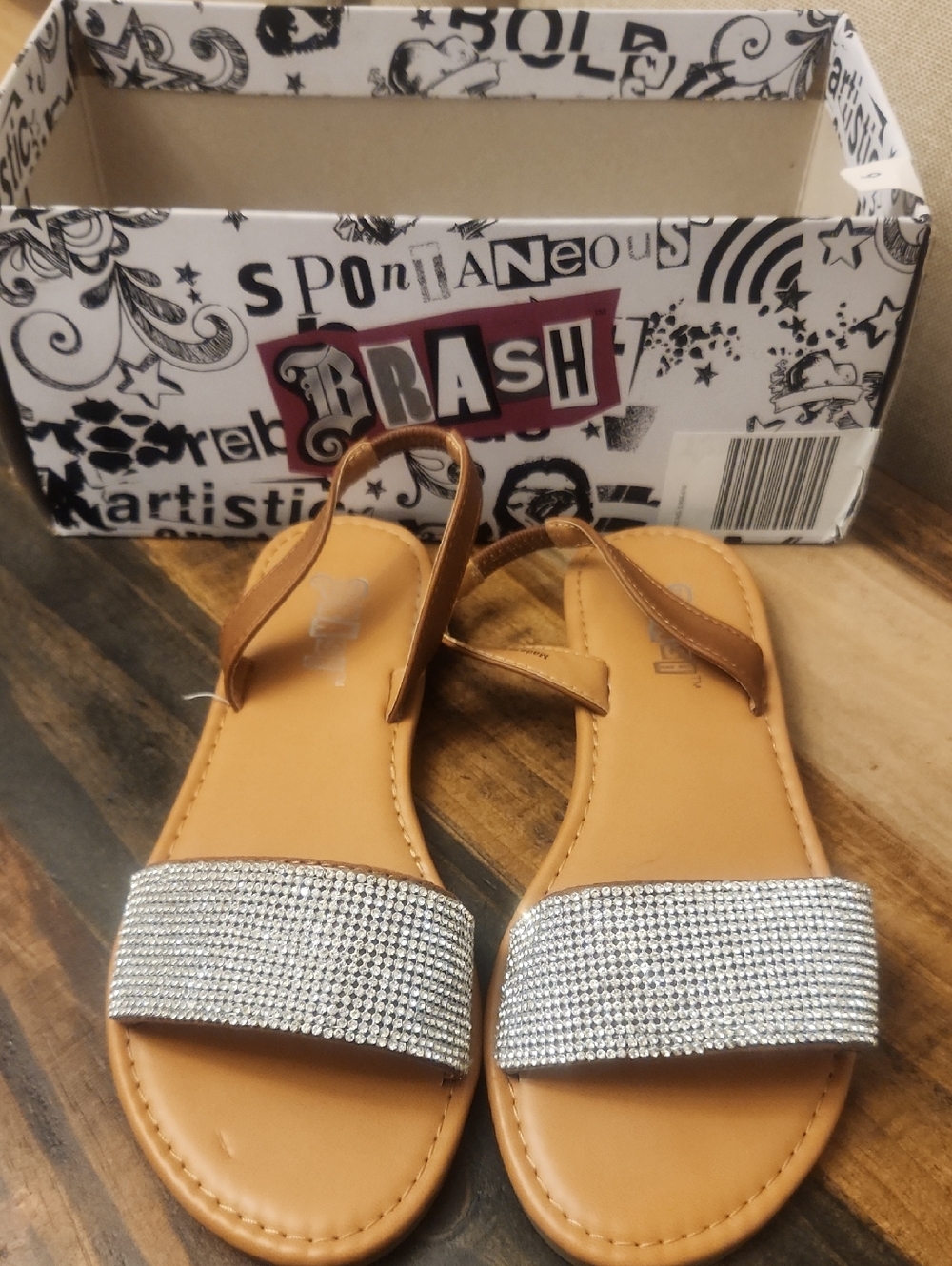 Women’s Tan Sandals with Silver Crystal Strap